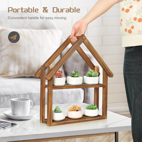 Jotsport Small Windowsill Plant Stand Desktop Succulents Holder | House Shaped Display Stand 2 Tier Wooden Plant Shelf for Kitchen Living Room Office