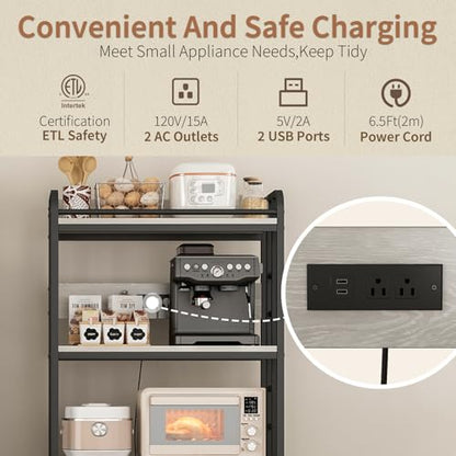 METYERRY Adjustable 4-Tier Heavy Duty Kitchen Baker's Rack with Power Outlet, with Industrial Wheels, Free Standing Microwave Oven Cart Stand for Storage in Living Room, Garage, Greige - color: Greige