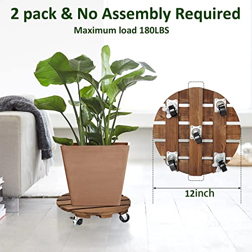 Yangbaga 2pack Plant Caddy 12’’Wood Duty Rolling Plant Stand with 2 360° Lockable Caster Wheels,Indoor Outdoor on Roller Patio/Flower Pot/Succulent Pots | Wood Heavy Duty 360° Rotated Plant Stand - Indoor Outdoor on Roller Patio/Flower Pot/Succulent Pots