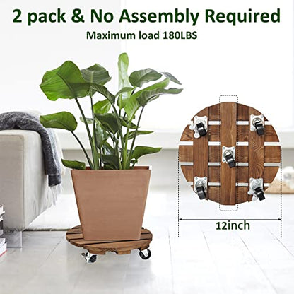 Yangbaga 2pack Plant Caddy 12’’Wood Duty Rolling Plant Stand with 2 360° Lockable Caster Wheels,Indoor Outdoor on Roller Patio/Flower Pot/Succulent Pots | Wood Heavy Duty 360° Rotated Plant Stand - Indoor Outdoor on Roller Patio/Flower Pot/Succulent Pots