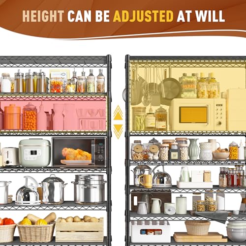 REIBII 71" H 6-Tier Heavy Duty Wire Shelving, 1200 lbs, 2-in-1 Adjustable | Heavy-duty 19mm steel, Split into 2 shelves, Leveling feet, Rustproof, 29"Wx14"D,Tool-free assembly,For garage kitchen pantry - size: 6 Tier-14"D x 29"W x 71"H