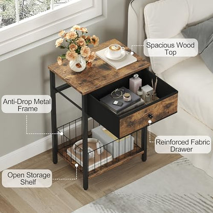 End Tables Bedroom, Night Stand with Drawers, Industrial nightstand, Nightstand with Fabric Bins, Bedside Table End Table for Bedroom, Closet, Entryway, College Dorm, Rustic Brown LNT0061BR - color: Rustic Brown & Black