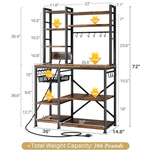 SNTD 6-Tier Bakers Rack with Power Outlets, 36 x 14.6 x 72 in, Rustic Brown | Large Capacity for Small Appliances, Stable Metal Frame with Wood Shelves, Pull-Out Basket, 14 Hooks - color: Rustic Brown