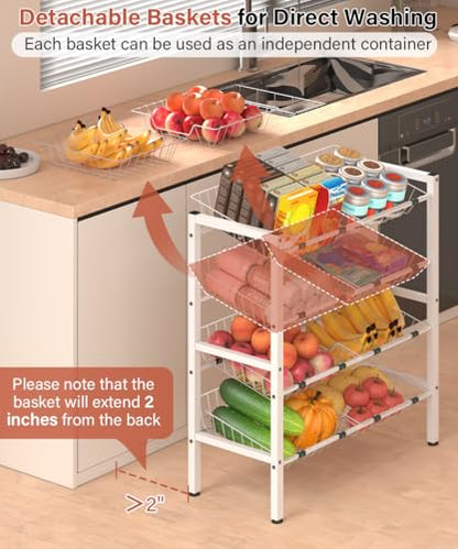 4-Tier Fruit and Vegetable Storage Rack with 8 Removable Baskets, Small Kitchen Island, Pantry Floor Organizer Stand Shelves for Snack Onion Potato Storage, White - style: 8 Baskets-White
