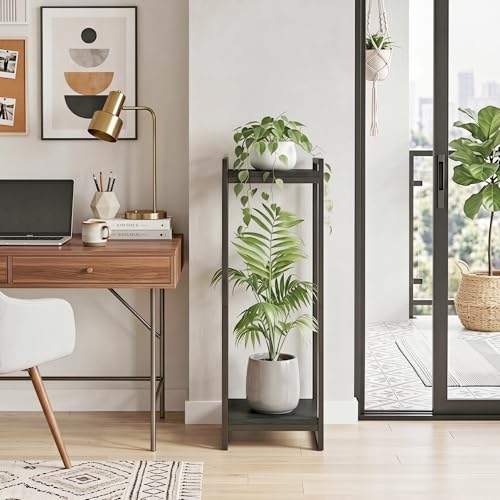 34" Tall Indoor Plant Stand, 2-Tier Flower Pot Rack, Black | Modern Minimalist Look, Wood Finish, for Living Room, Bedroom, Balcony, Space-Saving, Sturdy Metal Frame