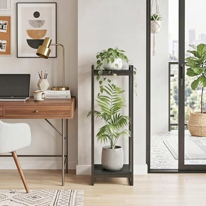 34" Tall Indoor Plant Stand, 2-Tier Flower Pot Rack, Black | Modern Minimalist Look, Wood Finish, for Living Room, Bedroom, Balcony, Space-Saving, Sturdy Metal Frame