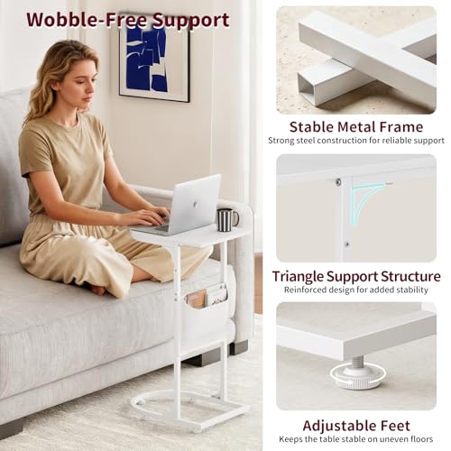 C Shaped End Table, Slide Under Small Side Table for Couch & Small Spaces | Wobble-Free C Table For Sofa, White, Storage Bag, Sturdy Metal Frame, Wood Top, Living Room & Bedroom, 15-Min Quick Assembly - color: Classic White