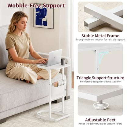 C Shaped End Table, Slide Under Small Side Table for Couch & Small Spaces | Wobble-Free C Table For Sofa, White, Storage Bag, Sturdy Metal Frame, Wood Top, Living Room & Bedroom, 15-Min Quick Assembly - color: Classic White