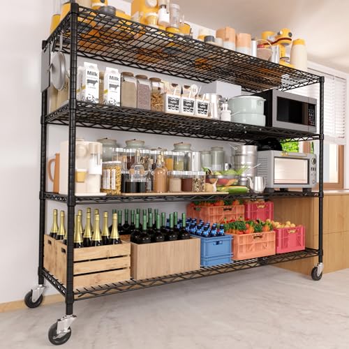 PrimeZone 55.5" W x 24" D x 80" H Heavy Duty Wire Storage Shelves with Wheels, 4 Tier Adjustable NSF Commercial Garage Shelving Unit, Rolling Metal Organizer Shelf Rack for Warehouse, Pantry, Black - size: 55.5"W x 24"D x 80"H