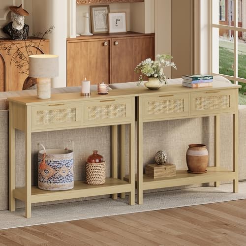 Trironsun Farmhouse Rattan Console Table with 2 Drawers 2 Tier Boho Narrow Long Sofa Table Natural with Open Storage Shelf Wood Entryway Table for Living Room Hallway Foyer (Nature, 39.4 Inch) - color: Nature