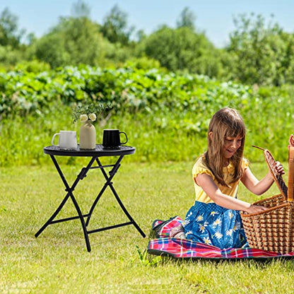 TeoKJ Folding Small Outdoor Side Tables, Anti Rust Small Patio Table Round Metal Nightstand with Flower Cutouts for Porch Yard Balcony Deck Lawn, Black - color: Black