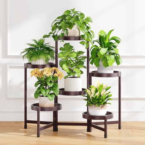 iDavosic.ly 6 Tier Folding Plant Stand Indoor Outdoor with Plastic Tray, Tiered Corner Flower Holder Shelf, Metal Orchid Display Rack for Patio Porch Living Room Garden Balcony, Bronze - color: Violet Bronze, size: 6 Tiers