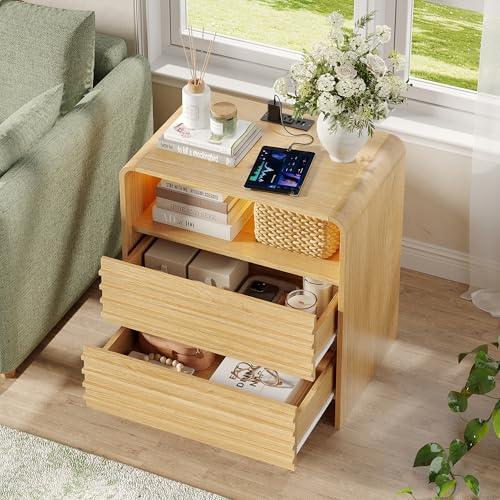 Fameill Fluted Nightstands,Nightstand with Charging Station,LED Night Stand with Two Drawers,Bedside Table with USB Ports and Outlets,Modern End Table for Bedroom (Burly Wood) - color: Burly Wood