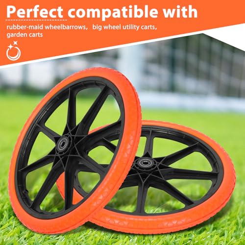 Upgraded 20x1.95" Flat Free Tires for rubbermaid Wheelbarrow Wheels | 20" Flat Free Tires with 5/8" and 3/4" Bearing Replacement for rubbermaid Cart Wheels/Big Wheel Utility Carts - color: Orange