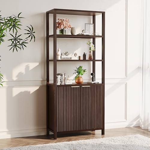 VINGLI Bookcase with Fluted Doors, 71" Wood Storage Cabinet with Adjustable Shelves, 6-Tier Display Cabinet Bookshelf for Study, Living Room, Home Office, Kitchen Pantry, Walnut - color: Dark Walnut