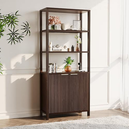 VINGLI Bookcase with Fluted Doors, 71" Wood Storage Cabinet with Adjustable Shelves, 6-Tier Display Cabinet Bookshelf for Study, Living Room, Home Office, Kitchen Pantry, Walnut - color: Dark Walnut