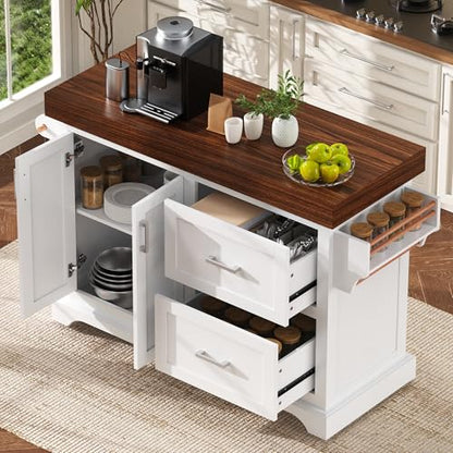 53" Large Kitchen Island with Ultra-Thick 3.5" Countertop, Heavy-Duty Rolling Storage Cart on 5 Wheels, 2 Extra-Large Drawers, Adjustable Cabinet Shelf, for Kitchen, White - color: White