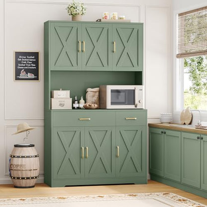 HOSTACK 71" Pantry Cabinet with Charging Station, Tall Kitchen Pantry Storage Cabinet with Microwave Stand, Farmhouse Kitchen Hutch with Storage Drawers for Living Room, Dining Room, Green - color: Green