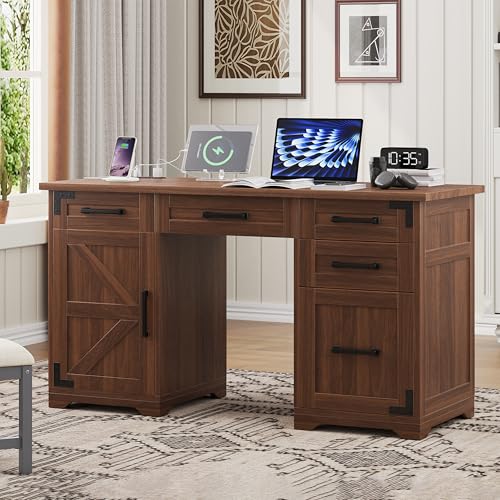55" Farmhouse Executive Desk with Charging Station & Power Outlet, Home Office Computer Desk with 5 Drawers and Storage Cabinet, Rustic Wood Writing Study Table with File Drawer (Walnut-05) - color: Walnut-05