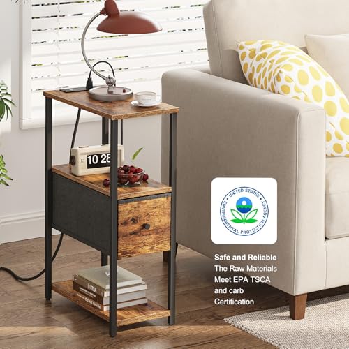 TUTOTAK Set of 2 Small Narrow End Table with Charging Station, Side Table with Outlets, Nightstand with Cloth Drawer, Couch Table, for Living Room, Bedroom, Bedside, Brown TB01BB058 - color: Brown, style: 1 Drawer & Plug