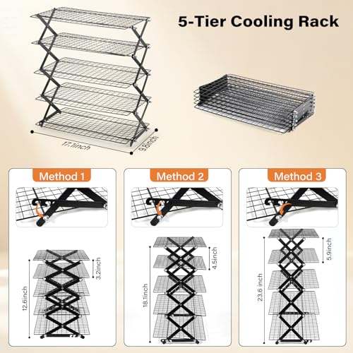 5 Tier Upgraded Collapsible Cooling Rack with Adjustable 3 Setting Design, Stackable Baking Rack with Clean Brush, Roasting Cooking Drying Wire Cooling Rack for Cookies Baking Roasting ＆ Grilling - color: Black