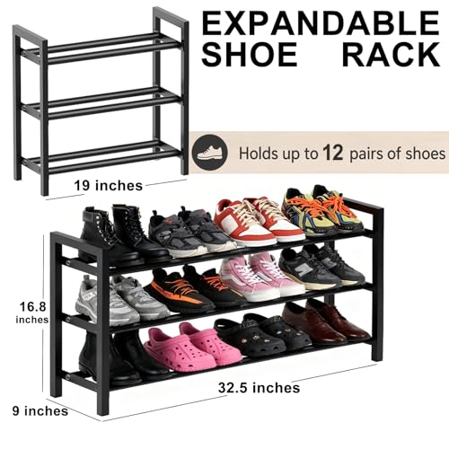 Expandable 3-Tier Metal Shoe Rack, Black Freestanding Storage Organizer | Telescopic, Adjustable, 60 lbs total load, Rust-proof metal, Quick Assembly for entryway closet Small Spaces - size: 3 Tier