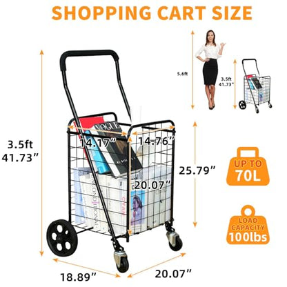 Kiffler Grocery Shopping Cart with 360° Rolling Swivel Wheels, 100LBS Utility Cart Easily Collapsible Cart Extended Foam Cover, Trolley for Laundry,Groceries,Travel Black (Medium) - size: Medium