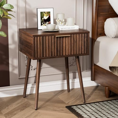 VINGLI Nightstands Set of 2, Fluted Night Stand with Drawer, Bedside Table, Wood Nightstand for Bedroom, Mid Century Modern End Tables, Walnut, 18.9" W*14.96" D*24" H - color: Walnut, size: 19"W-1 Drawer
