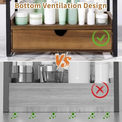 2-Tier Bathroom Counter Organizer, Acacia Wood Vanity Shelf with Drawer | Pre-Drilled Holes, Skincare & Makeup Countertop Organizer and storage, Acacia Dark Brown - color: Acacia wood-Dark Brown