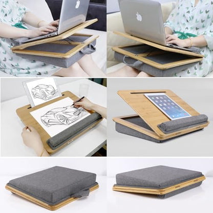 Adjustable Lap Desk for Laptop with Cushion, Bamboo Laptop Stand with Anti-Slip Strip Tablet Phone Holder, Fits up to 15.6 inch or 14 inch with Mouse Space - size: 16.5"x13.4" Height-adjustable