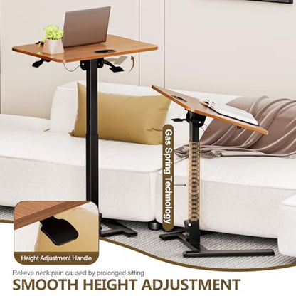 25 Inch Mobile Foldable Standing Desk for Home Office, Brown | 180 Tiltable Desktop, Height Adjustable, No Assembly Computer Workstation, Portable Rolling Laptop Table, Sit-Stand Desk - color: Brown