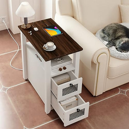 HDDDZSW Farmhouse XXL End Table with Charging Station, Narrow Side Table with USB Ports and Outlets, Nightstand with 2 Drawers Storage, Bedside Tables for Living Room, Bedroom, Rustic Walnut White - color: White
