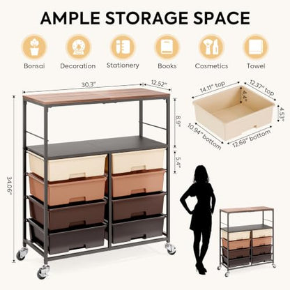 Rolling cart with 8 drawers,Storage drawer cart with wooden tabletop,Lockable wheels organizer for homeschool, arts & crafts, classroom, office & creative spaces (Brown) - color: Brown