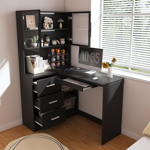 L-Shaped Computer Desk with Glass Cabinets & LED Lights, Corner Work Desk with Power Outlets and Slide Drawers, Home Office Desk with Storage Shelves, Corner Office Desk for Home Office, Study, Gaming - color: L-shape Black