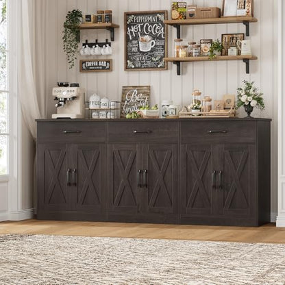 HOSTACK 71"W Farmhouse Kitchen Sideboard Buffet Cabinet with Storage, Brown | Large Coffee Bar Cabinet with 3 Wide Drawers, Long Buffet Table with Shelves, Kitchen Storage Cabinet for Dining Room - color: Dark Brown