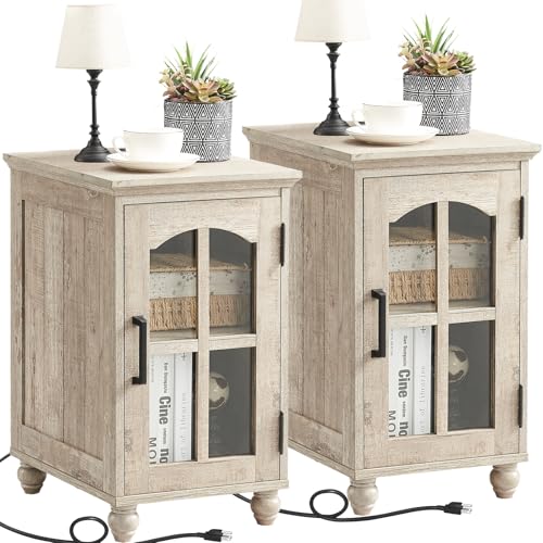 Narrow Side Table Set of 2, Farmhouse Nightstand with Charging Station | End Tables with Glass Barn Door, Cabinet Organizer with Adjustable Shelf, Night Stand for Small Spaces Living Room Bedroom - color: Grey, size: Set 2