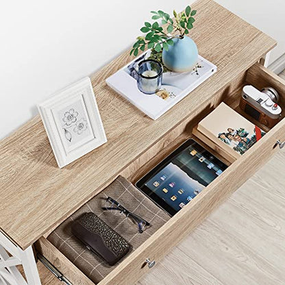 Topeakmart Sofa Console Table with 1 Drawer and 2 Open Storage, 3-Tier Hallway Table with Drawer for Living Room, Retro Console Table for Entryway, Light Oak - color: Light Oak, style: without Power Outlet