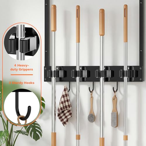 Broom Holder Wall Mount with Shelf, 15.7" Wx6.7 Dx15.7 H, 2 Packs | Load 66LBS, 4 Mop Hanger Grippers, 3 Hooks, for Laundry Room, Garage, Utility Closet, Kitchen - style: 2 Packs