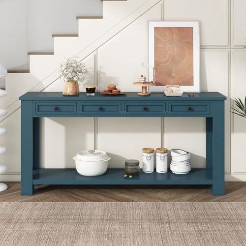 LKTART Solid Wood Console Table,63" Sofa Table Entryway Table with Drawers | Console Table for Entryway with 4 Drawers and Open Shelf,Entry Table for Hallway,Foyer,Living Room,Easy Assembled,Dark Blue - color: Dark Blue