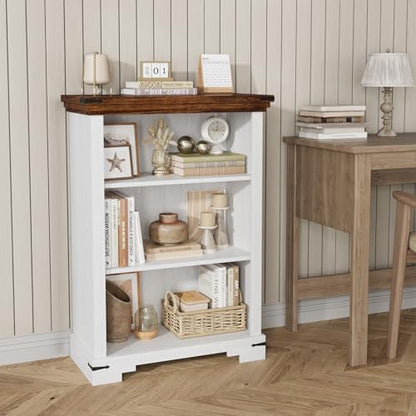 3-Tier Farmhouse Bookshelf, Book Shelf with Open Storage & One Adjustable Shelf, 9.8" D x 26" W x 38" H, Wooden Bookshelf for Study Room, Living Room, Kitchen, Bedroom (White) - color: White
