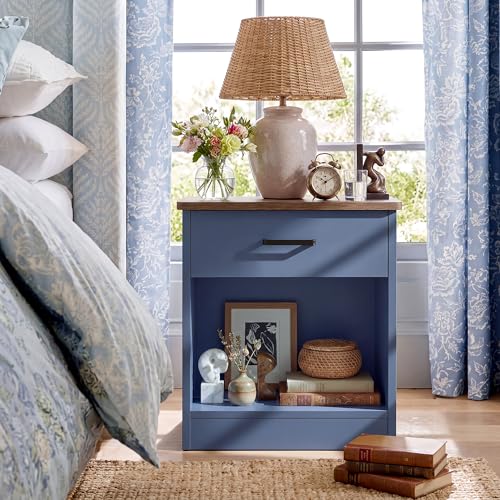 Keyluv Nightstand with Drawer and Open Shelf, Bedside Table for Bedroom, Modern Style Sofa Side Table with Storage, End Table for Home Office, Hallway, Small Spaces, Blue