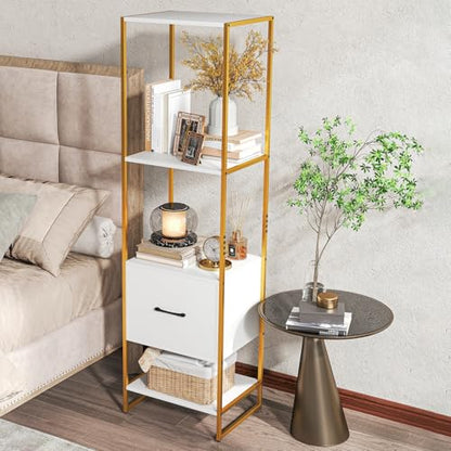 Giantex 4-Tier Bookshelf with Drawer Set of 2, Narrow Bookcase w/ 4 Open Shelves & Metal Frame, Modern Storage Organizer Shelving Unit, Freestanding Display Rack for Bedroom Living Room - color: White+gold