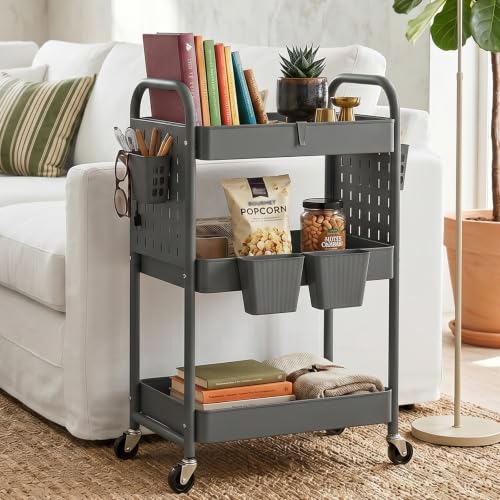 danpinera 3 Tier Rolling Cart with Retractable Dividers, Multi-Functional White Rolling Utility Cart with Pegboards, Hooks & Hanging Cups for Nursery, Living Room, Studio - color: Gray