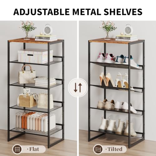 5 Tier Metal Shoe Rack, Sturdy Steel Frame with Rust-Proof Coating, MDF Top, Adjustable Flat Inclined Mesh Shelves, Anti-Tip Scratch-Resistant Feet, Sleek Show Rack for Entryway, Hallway, Garage - size: 5 Tier (16.5″x11.8″x36″)