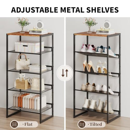 5 Tier Metal Shoe Rack, Sturdy Steel Frame with Rust-Proof Coating, MDF Top, Adjustable Flat Inclined Mesh Shelves, Anti-Tip Scratch-Resistant Feet, Sleek Show Rack for Entryway, Hallway, Garage - size: 5 Tier (16.5″x11.8″x36″)