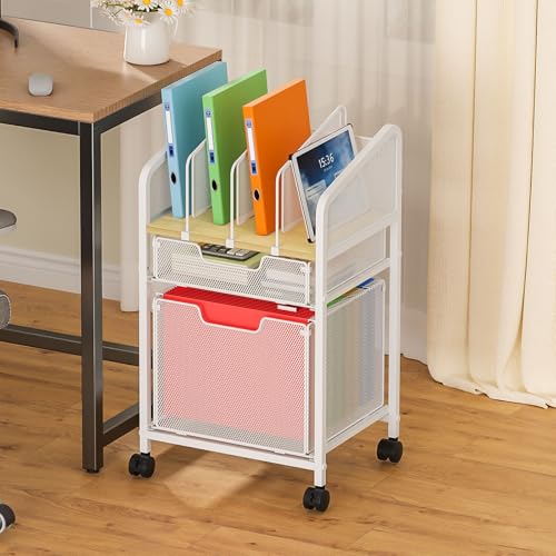 Rolling File Cabinet with Adjustable Dividers, Mobile Filing Cabinet with 2 Storage Drawers on Lockable Wheels, Hanging File Organizer Beside Under Desk for Office, Home, White（Patent Pending） - color: White, size: Large - File Cabinet