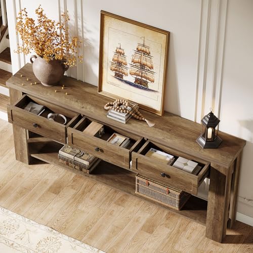 Tribesigns 70.9-Inch Long Console Table with 3 Drawers, Farmhouse Entryway Table with Storage, Rectangular Narrow Sofa Table Behind the Couch, Accent Table for Hallway, Living Room, Entry, Brown - color: Brown