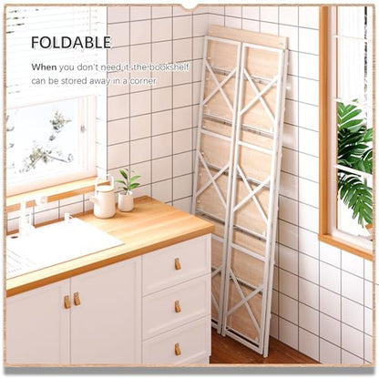 4NM 6 Tiers No Assembly Book Shelves, 61.8" H Folding Bookshelf Bookcase Open Industrial Foldable Shelves for Bedroom, Living Room, Home Office - Natural White - color: Natural White, size: XX 6-Tier