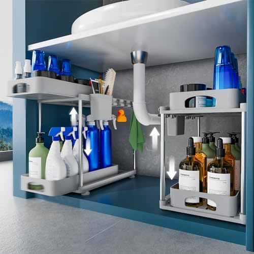 VERIFOST 2 Pack Adjustable Gray Under Sink Organizers, 2 Tier Pull Out Storage, Kitchen Bathroom Office Laundry Room Living Room - color: Gray