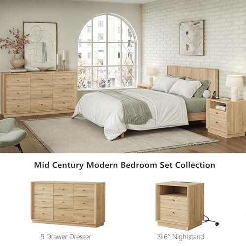 FORTUNETEC Nightstand Set of 2 with Charging Station, Mid Century Modern Nightstand with Wood Grain Texture, Boho End Table with Drawers Storage, Bedside Table for Bedroom Living Room, White Oak - color: White Oak, style: set of 2